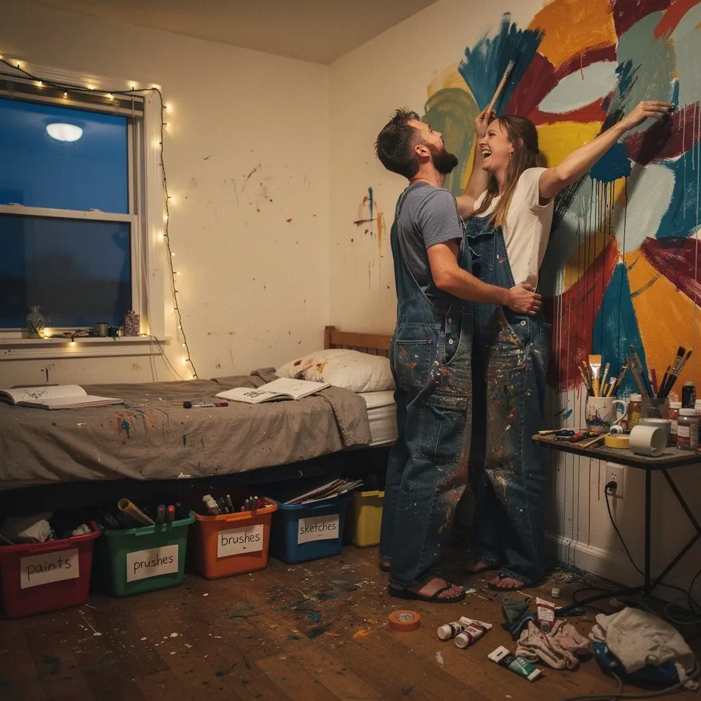 Plan układu małego mieszkania z zaznaczonymi miejscami na przechowywanie i oświetleniem.