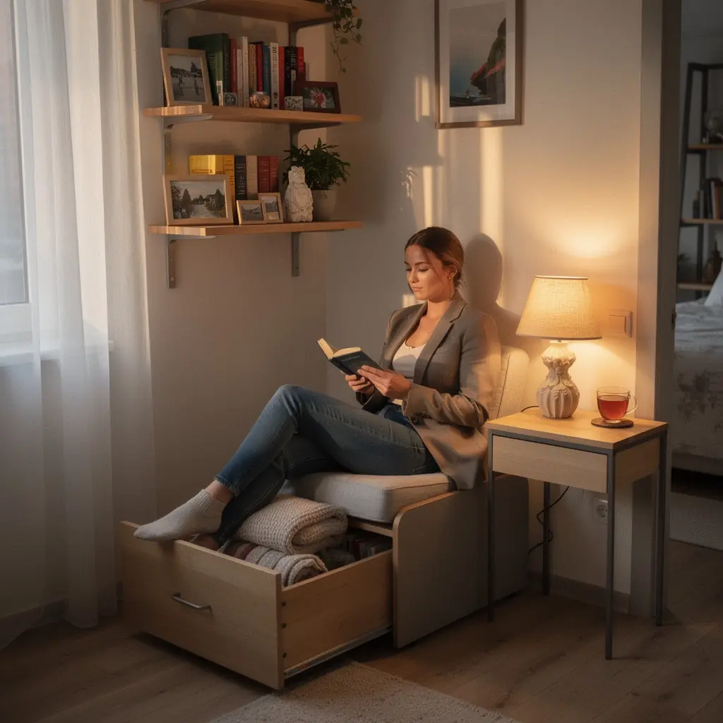 Kreatywne wykorzystanie przestrzeni w przedpokoju z praktycznymi schowkami i stylowym oświetleniem.