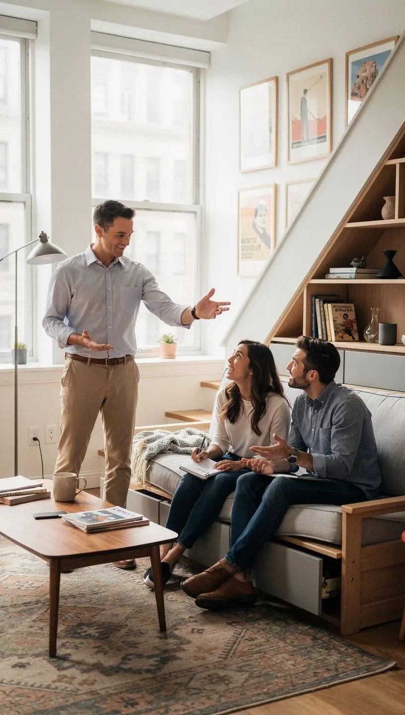 Przykład nowoczesnego salonu w małym mieszkaniu z inteligentnymi rozwiązaniami do przechowywania.